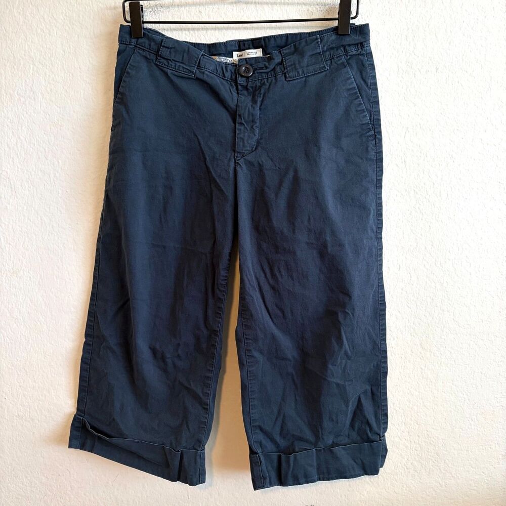 LEE Lower At The Waist Vtg Y2K Navy Blue Cotton Chino Capri Pants Womens Medium